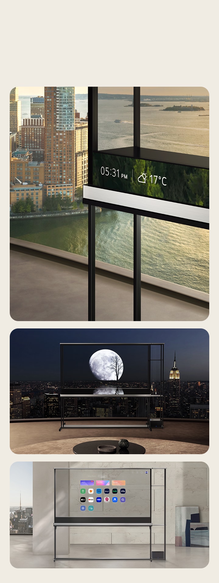 Different angles of the T-Contents on the LG Signature OLED T in transparent mode. One shows a close-up of the information bar. The other showcases the LG webOS icons seemingly floating in mid-air. The other one shows a visual of a moon that blends with the actual evening horizon outside the window.