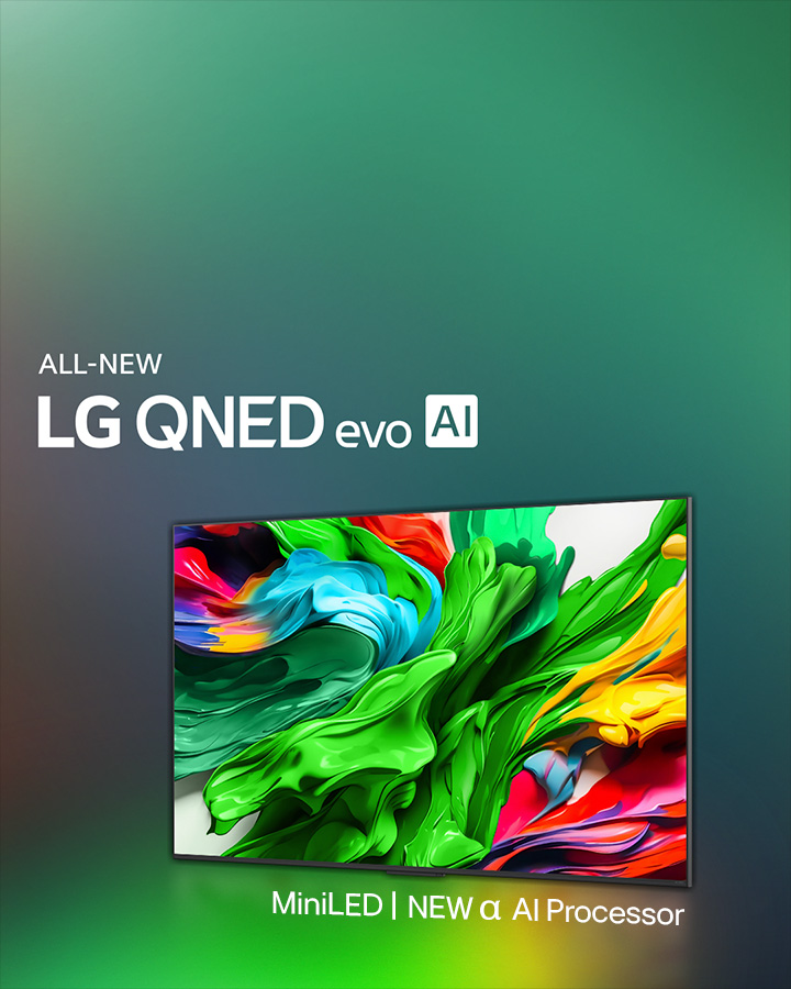 LG QNED TV against a colourful dark background. On the screen is a bright and colourful artwork that showcases QNED's colour technology and ability to display a wide spectrum of hues with great contrast. All new LG QNED evo AI logo present. With subtitles calling out QNED's MiniLED and new alpha AI processor. Title reads, Every Colour Redefined, New Experience Begins.
