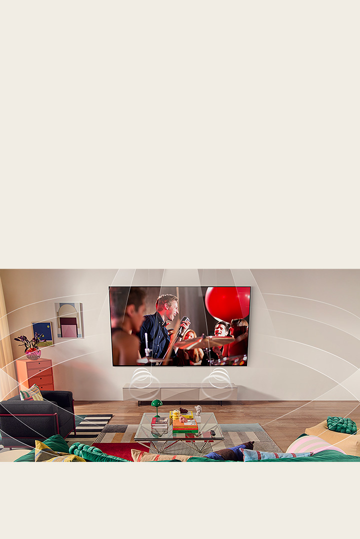 Living room with a wall-mounted LG TV. Sound waves are graphically represented to fill the space showing how virtual 9.1.2 channels create a surround sound experience for the user.