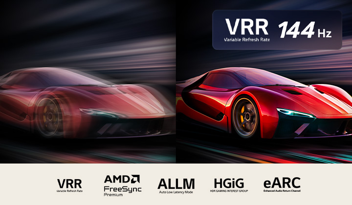 Two images of a car in a video game side-by-side. One shows a lot of motion blur. The other is sharp and in-focus showing the high frame rate of LG QNED TV. VRR logo and a 144Hz logo are on the upper right corner.