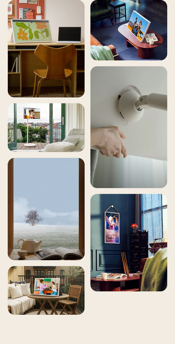 Different living spaces showing the different ways to use and enjoy the LG StanbyME 2 screen. Some spaces show it propped up like a tablet using the folio cover. Other spaces show it hung on the wall as a stylish addition to the interior design. Other spaces are showing how the screen can be easily mounted on the rollable, adjustable TV stand.	