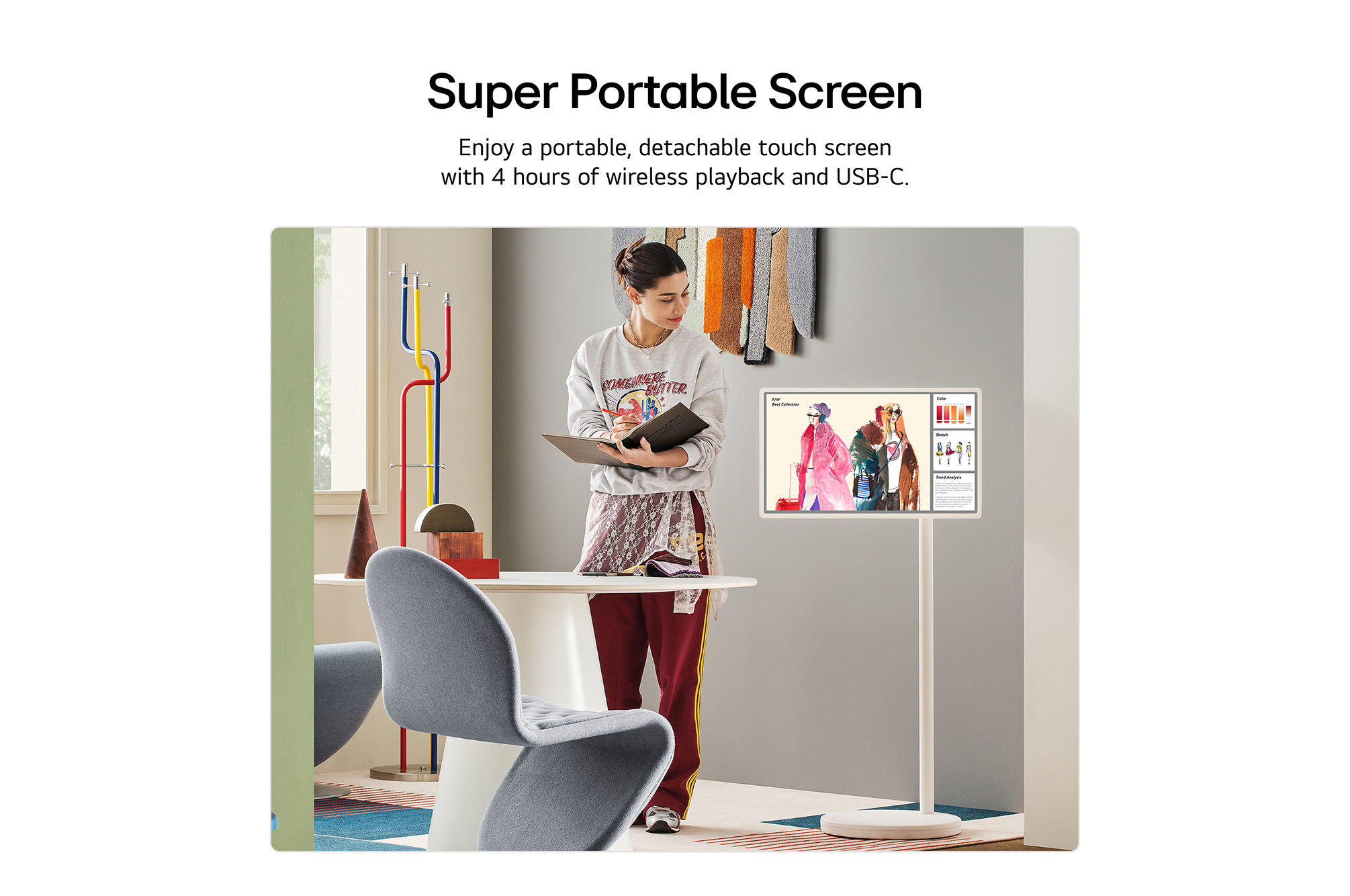 LG StanbyME 2 is on a table. Let's Draw is in use. A person is creating artwork using just their finger and the touchscreen. The text talks about how you can use your screen as a digital canvas and display artwork through the Always On Display.