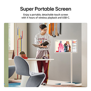 LG StanbyME 2 is on a table. Let's Draw is in use. A person is creating artwork using just their finger and the touchscreen. The text talks about how you can use your screen as a digital canvas and display artwork through the Always On Display.