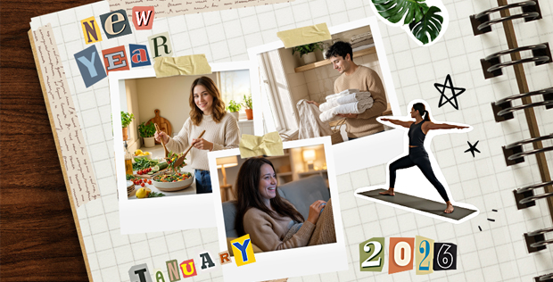 Lifestyle collage featuring wellness, cooking, reading, and laundry moments with LG home appliances and an LG OLED evo AI TV.