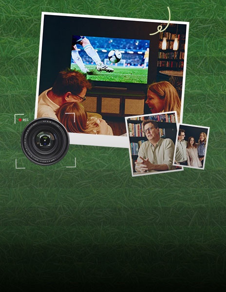 A family enjoying watching a soccer match on a large TV, a camera recording of an interview scene, and a camera lens