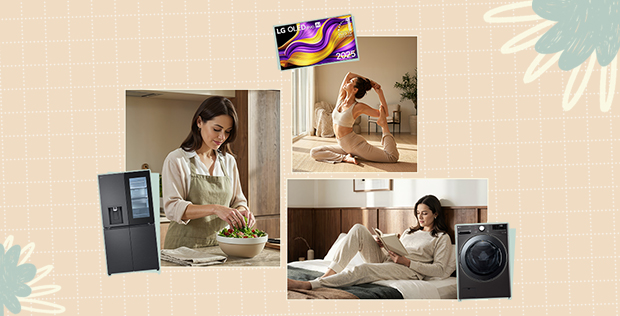 Lifestyle collage featuring wellness, cooking, reading, and laundry moments with LG home appliances and an LG OLED evo AI TV.