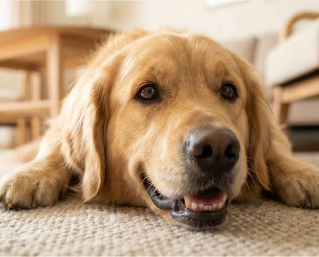 Golden retriever resting on the floor in a calm, dog-friendly home interior	