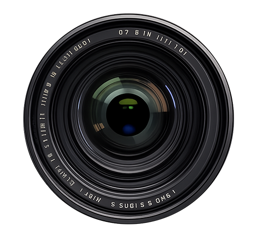 Camera lens with a recording frame graphic on a dark background