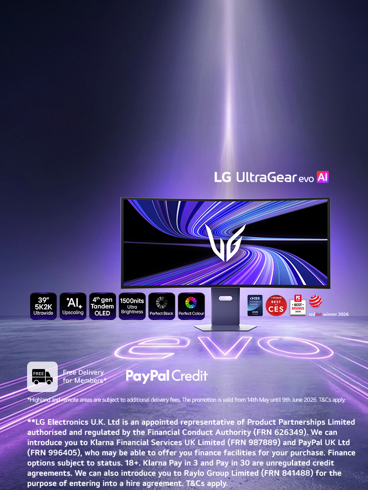 LG UltraGear evo 39GX950B on dark background with purple lighting along with the message pre-order now