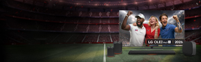  lg oled tv with a screenfill depicting people celebrating football world cup 2026 with an LG sound suite underneath over a picture of a large, moody stadium