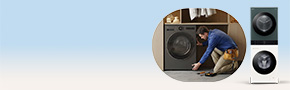 LG WashTower in green above and white models below, with a professional installer fitting a washing machine in a dressing room on a light blue background
