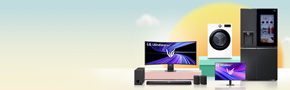 a selection of lg products from left; lg speaker, lg monitor, lg soundbar, lg washing machine, lg ultragear monitor, lg fridge freezer over a animated graphic of the sun with summer saving message to the left of the image