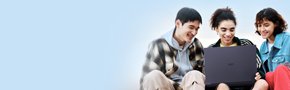a group 3 young people looked at an lg gram with smiles on their faces and two lg accessories outlined above - stand and sleeve with promotional offer get the accessories free of charge with each lg gram purchase