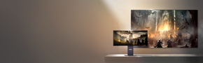 LG oled tv and and oled monitor on a moody background with a promotional message to buy a tv and get a monitor free of charge
