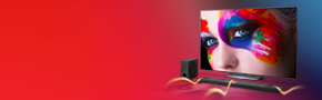 lg oled tv with female face painted in bright colour as a screenfill plus promotional message to save up to 15% on lg tvs