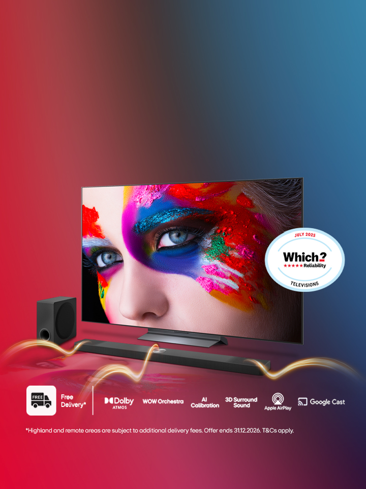 lg oled tv with female face painted in bright colour as a screenfill plus promotional message to save up to 15% on lg tvs