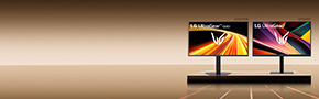 2 LG UltraGear OLED montiors on the podium  featuring LED light in the background with productivity software being displayed