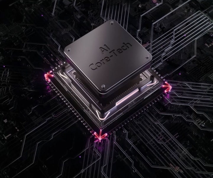 Close-up of AI Core-Tech processor chip mounted on a dark circuit board with glowing lines and connections