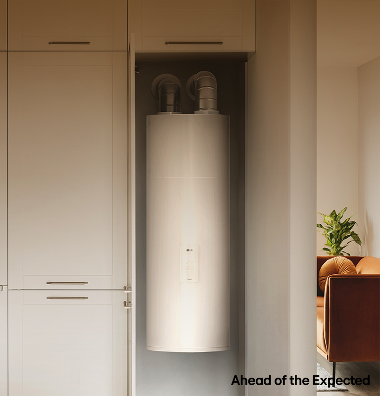 Modern kitchen with white cabinetry and LG water heater, featuring 'Ahead of the Expected' branding.	