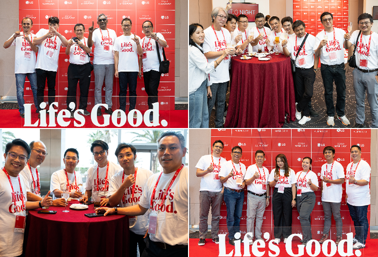 Collage of groups of people at the 2024 LG  Alumni Event, wearing 'Life's Good' shirts and posing in front of an LG-branded backdrop, and mingling around a table.	