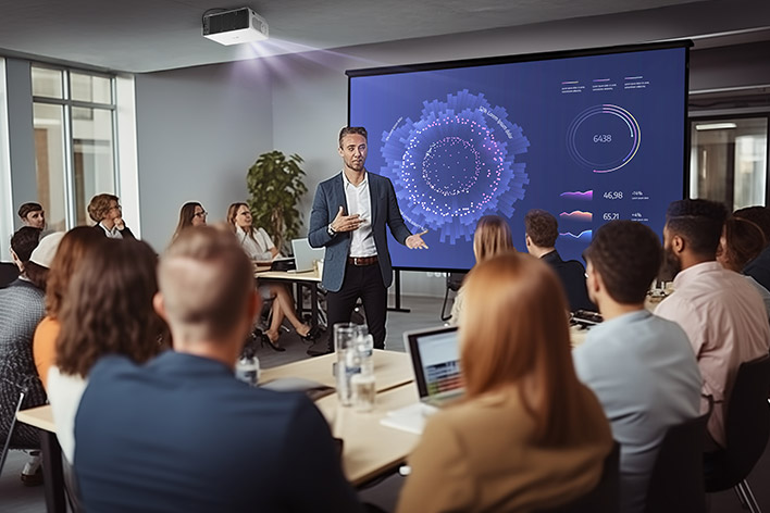 A medium-sized conference room with a presenter explaining a data visualisation displayed on a large screen, surrounded by attentive attendees seated at tables.	
