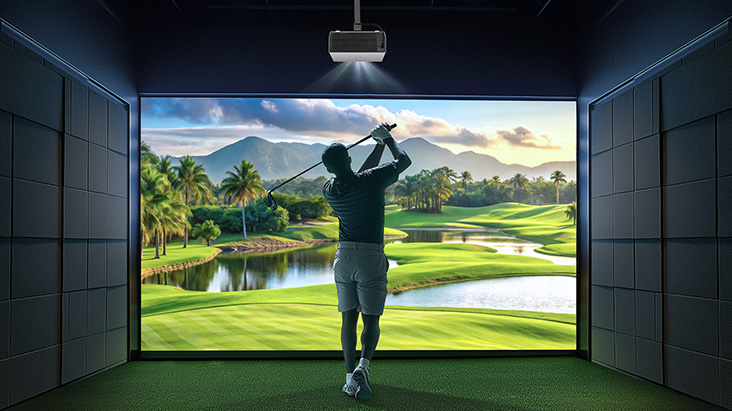 A golfer swinging in a golf clubhouse with a screen displayed using an LG projector.