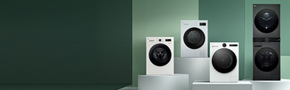 LG washers and dryers are displayed in various configurations, highlighting their front designs and control panels.