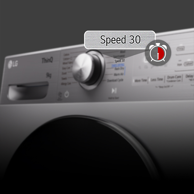 LG washing machine control panel close-up with Speed 30 display highlighting fast drying with Dual Inverter heat pump.