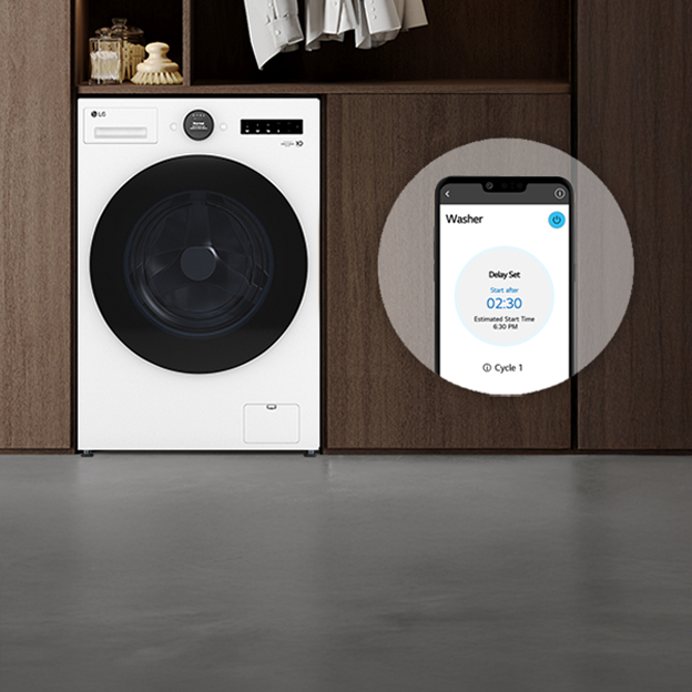 Person checking a smartphone beside an LG washer app screen illustrates remote control and cycle monitoring through ThinQ.