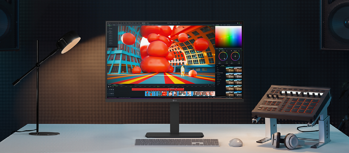 An LG UltraFine monitor on a desk in a music studio, displaying colourful 3D video editing software, with a mixing console and headphones placed nearby.