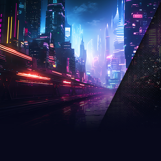LG monitor pairing a city scene with a magnified pixel pattern illustrates panel type and display structure.