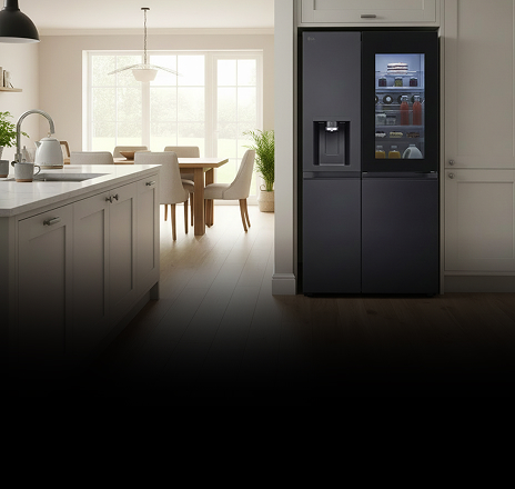 A black side-by-side refrigerator with a transparent door and water dispenser in a kitchen.