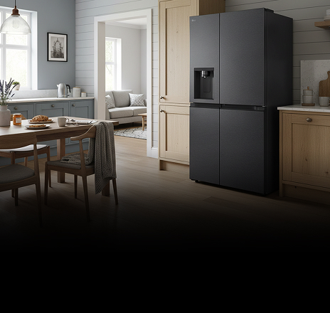 A black side-by-side refrigerator with a built-in water dispenser in a kitchen.