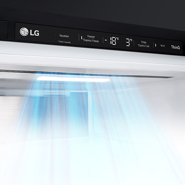 LG refrigerator interior with blue cold air flowing down from the top panel illustrates DoorCooling+ for faster, more even cooling.