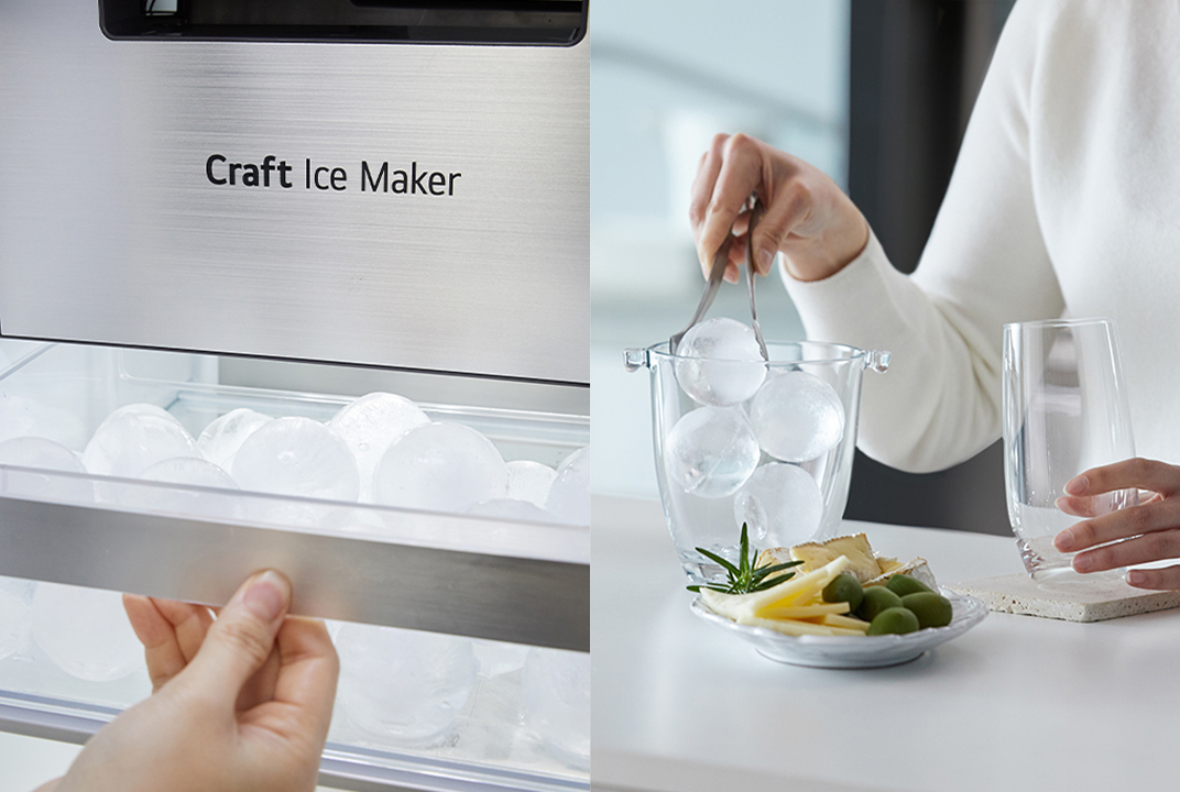 LG refrigerator Craft Ice drawer and a hand placing round ice balls into a glass container illustrate slow-melting spherical ice for drinks.