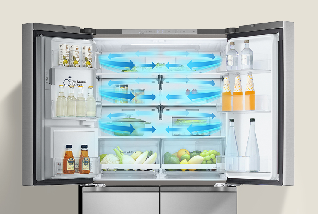 LG refrigerator interior with blue airflow arrows circulating across every shelf illustrates Multi Air Flow for even cooling throughout the compartment.