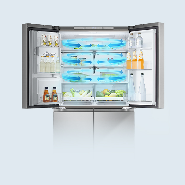 LG refrigerator interior with blue airflow arrows circulating across every shelf illustrates Multi Air Flow for even cooling throughout the compartment.