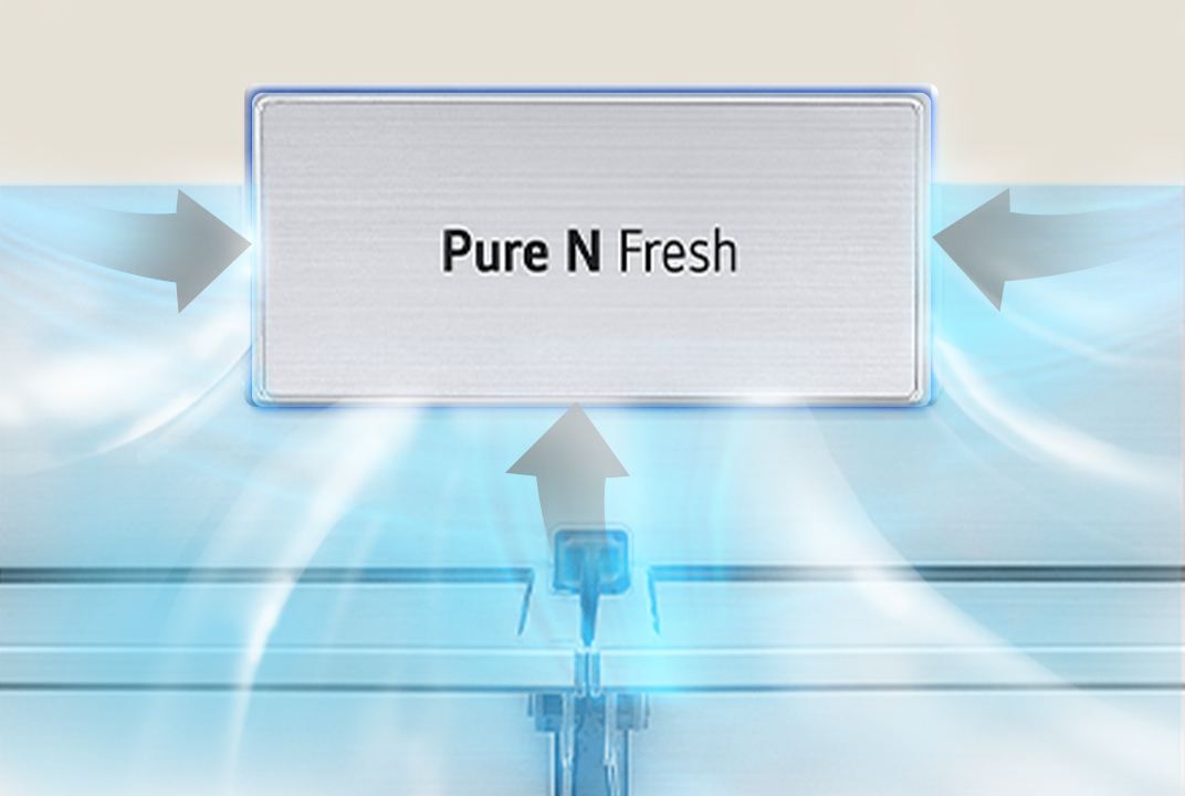 LG refrigerator deodorizing filter graphic with airflow moving through a Pure N Fresh panel illustrates odor reduction and refreshed interior air.