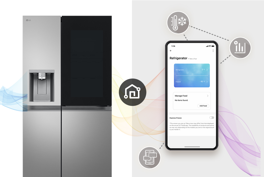 LG refrigerator beside a smartphone app screen showing temperature controls illustrates ThinQ for remote monitoring and smart refrigerator management.