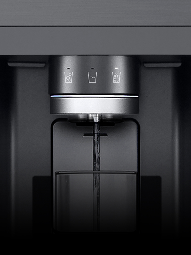 LG refrigerator dispenser nozzle shown with blue light and glowing particles illustrates UVnano technology that helps reduce bacteria on the water outlet.