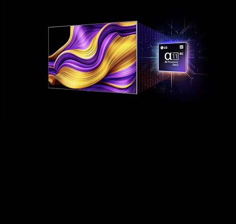 On the screen of an LG OLED evo AI TV is an abstract image with impressive detail, colour, and contrast. A magnified version of the alpha 11 AI Processor Gen2 is behind the TV. It glows with light illuminating the microchip circuits around it. The title reads LG OLED evo AI. Text is also visible, powered by LG alpha 11 AI processor Gen2.
