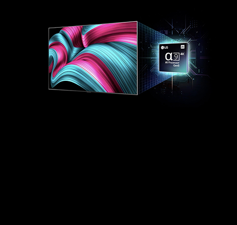 On the screen of an LG OLED evo AI TV is an abstract image with impressive detail, colour, and contrast. A magnified version of the alpha 9 AI Processor Gen8 is behind the TV. It glows with light illuminating the microchip circuits around it. The title reads LG OLED evo AI. Text is also visible, powered by LG alpha 9 AI Gen8 processor.