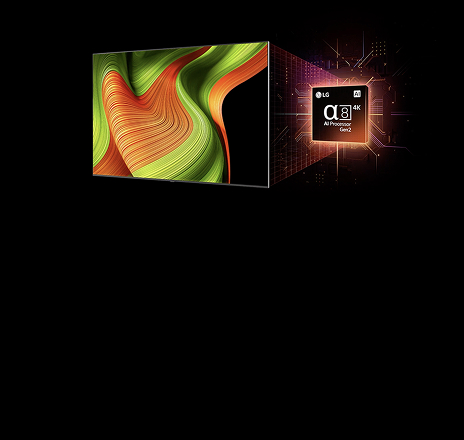 On the screen of an LG OLED AI TV is an abstract image with impressive detail, colour, and contrast. A magnified version of the alpha 8 AI Processor Gen2 is behind the TV. It glows with light illuminating the microchip circuits around it. The title reads LG OLED  AI. Text is also visible, powered by LG alpha 8 AI processor Gen2.