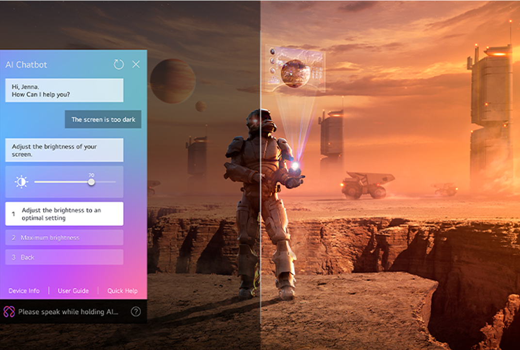 LG TV showing a sci-fi scene with an AI Chatbot panel adjusting brightness illustrates AI assistance for picture settings and support.