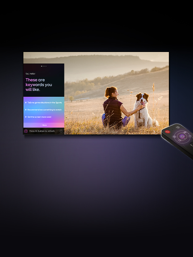 LG TV showing a woman with a dog, a keyword panel, and a remote shortcut illustrates AI Concierge personalized content suggestions.