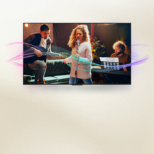 LG TV concert stage image with layered sound waves illustrates AI Sound Pro immersive audio processing.