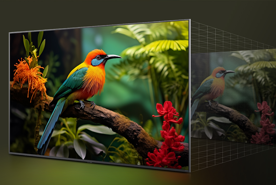 LG TV showing a vivid bird image with a dimmer layered version behind it illustrates AI Upscaling for sharper picture detail.