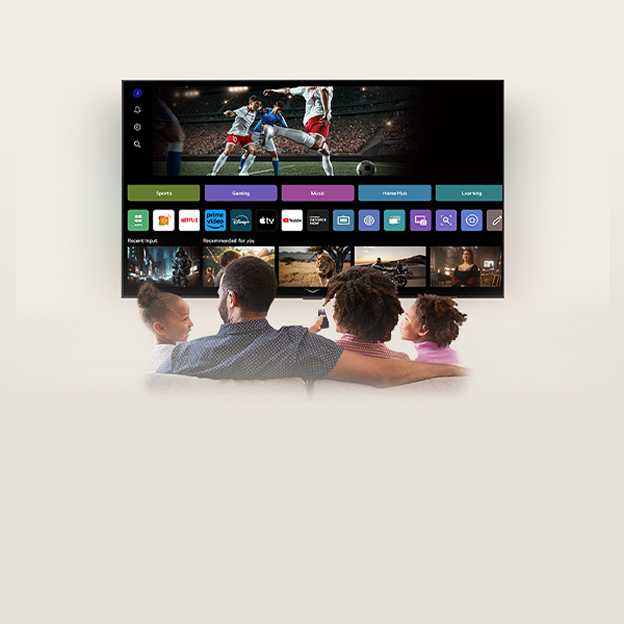 LG TV video shows a woman speaking into the remote as her family watches, explaining AI Voice ID and voice-based recommendations.