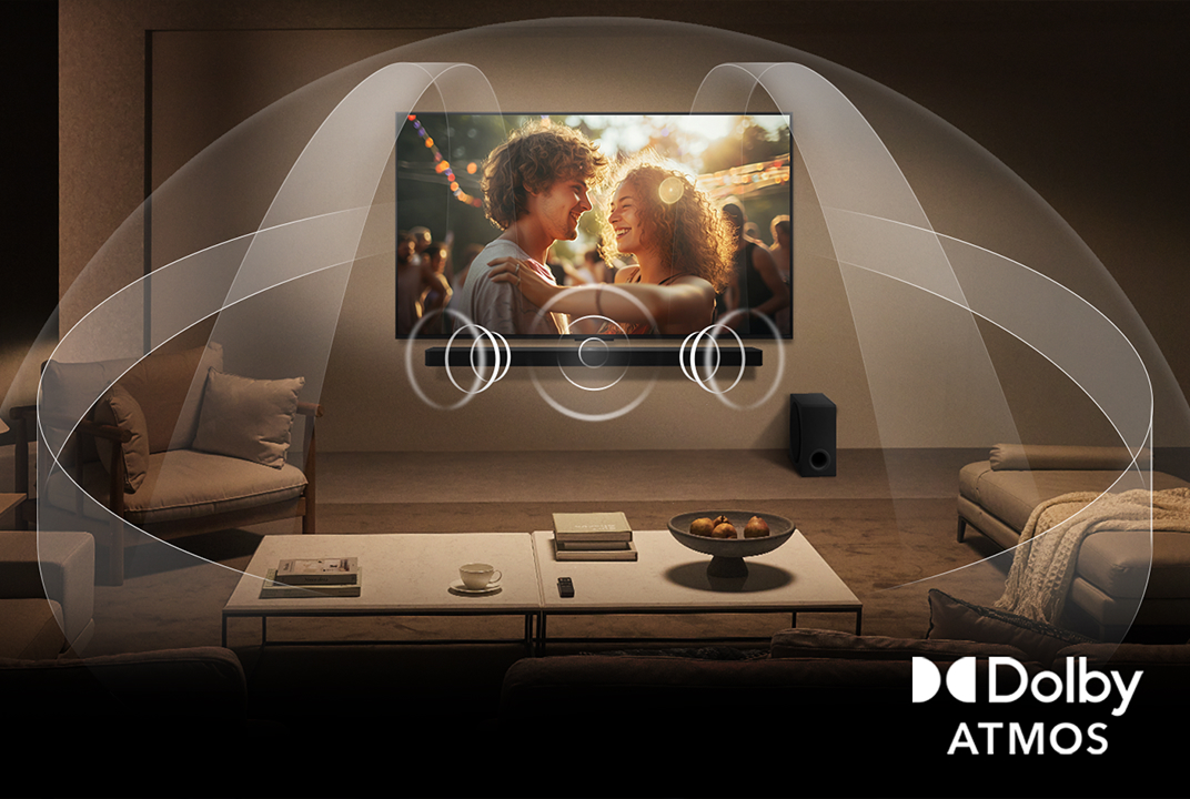 LG TV showing a couple on screen with sound waves and speaker icons around the room illustrates Dolby Atmos immersive surround sound.