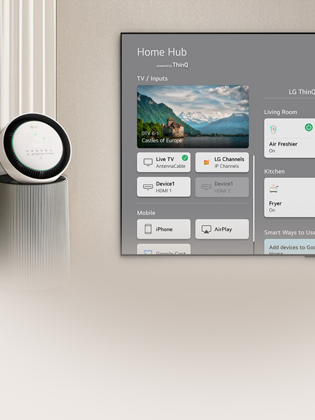 LG TV video shows a remote controlling an air purifier from the screen, illustrating Home Hub smart device control.